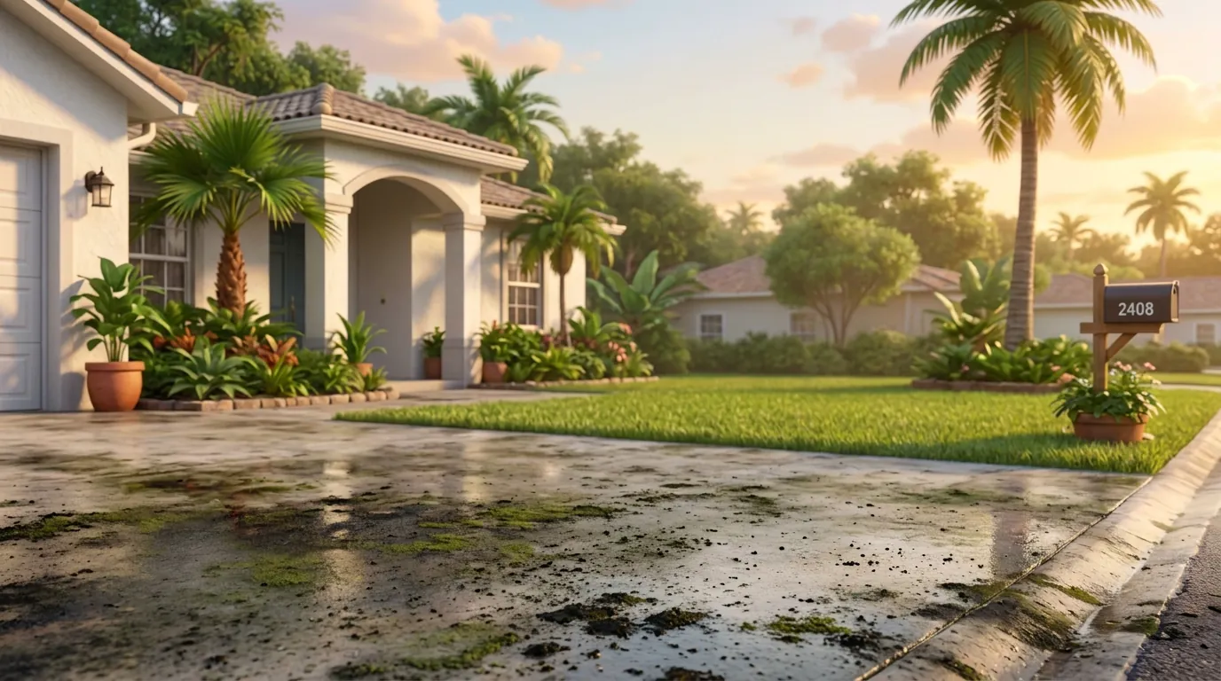 A Florida driveway at golden hour, covered in black mildew and grime