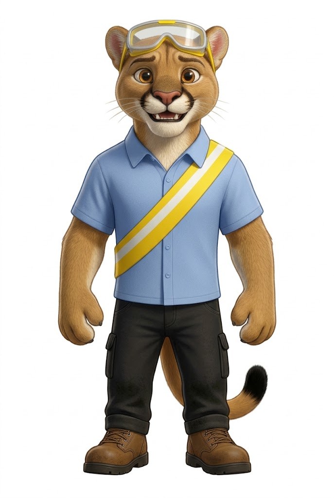 The Puma Pressure Washing mascot: a puma in a light blue polo with a yellow and white sash, safety goggles on his forehead